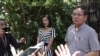 Pheng Heng, right, lawyer to former Cambodia National Rescue Party's President Kem Sokha, speaks to media in front of Kem Sokha's house in Phnom Penh, Cambodia, Nov. 10, 2019.