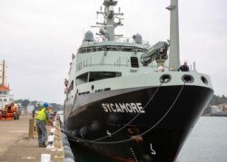 In this photo provided by the Australian Department of Defense, MV Sycamore departs from a naval base in Sydney, Jan. 1, 2020.