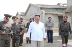 Pemimpin Tertinggi Korea Utara, Kim Jong-un saat meninjau Peternakan Ayam Kwangchon yang sedang dibangun, dalam foto yang dirilis 19 Juli 2020 oleh Kantor Berita Pusat Korea Utara (KCNA) di Pyongyang. (KCNA via REUTERS)