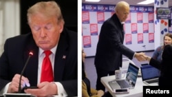 A la izquierda, el presidente Donald Trump supuestamente escribiendo un tuit sobre la reapertura económica en medio de la crisis del coronavirus. A la izquierda, el virtual candidato demócrata, Joe Biden, visitando un centro de voluntarios en Des Moines.