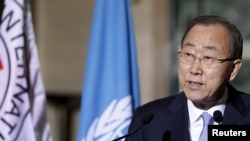 U.N. Secretary-General Ban Ki-Moon, speaking to reporters at U.N. European headquarters in Geneva, says the future of Syrian President Bashar al-Assad is for the Syrian people to decide, Oct. 31, 2015.