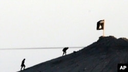 FILE - In this image shot with an extreme telephoto lens and through haze from the outskirts of Suruc at the Turkey-Syria border, militants with the Islamic State group are seen after placing their group's flag on a hilltop at the eastern side of the town