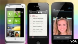 De izquierda a derecha, el HTC Radar, iPhone 4S y Google Galaxy Nexus con Windows Phone, iOS y Android respectivamente.