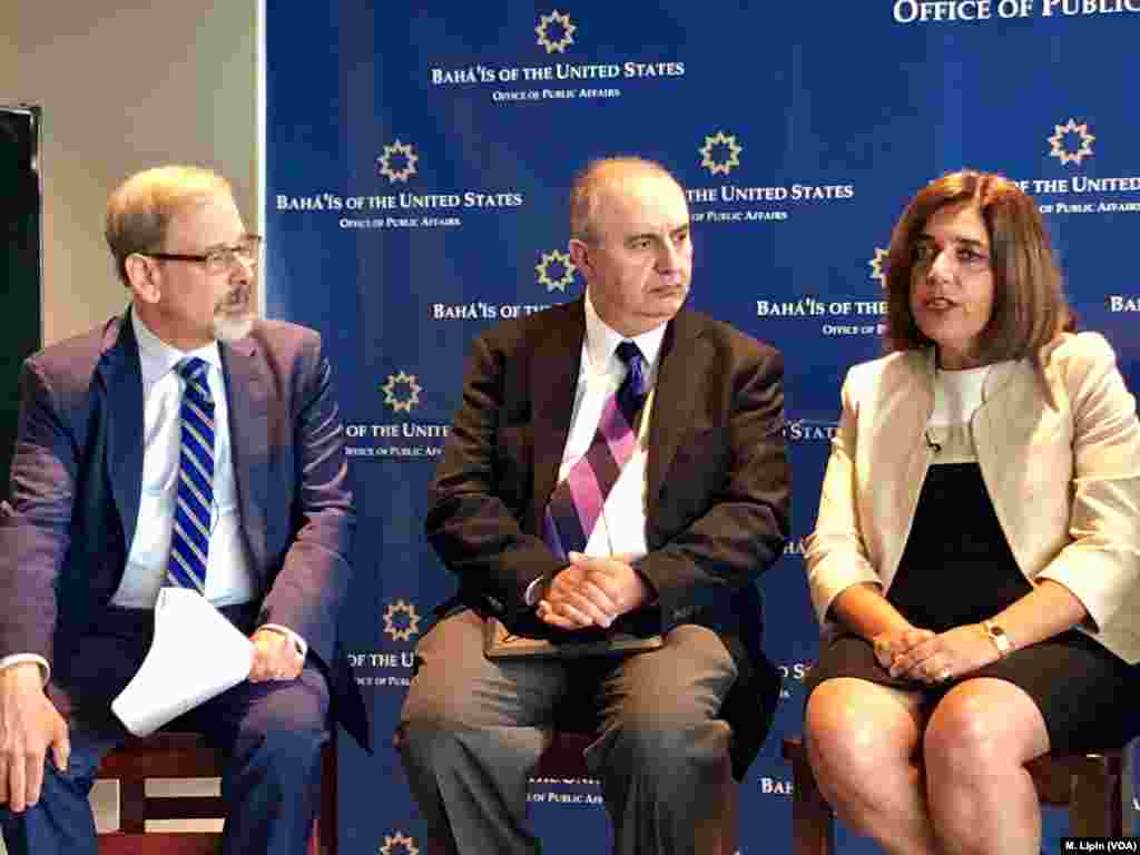 Diane Ala’i, a Baha’i International Community (BIC) representative to the U.N., speaks at a Washington Newseum event alongside BIC spokesman Farhad Sabetan, center, and Richard Foltin of the Religious Freedom Center, July 26, 2018.