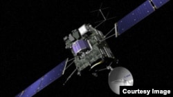 Artist view of the Rosetta spacecraft. Rosetta’s lander, Philae, is attached and is shown in blue (© ESA/J. Huart)