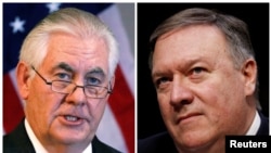 Menlu AS Rex Tillerson saat berada di Addis Ababa, Ethiopia, 8 Maret 2018 (kiri) dan Direktur CIA, Mike Pompeo di Gedung Capitol, Washington, DC, Amerika, 13 Februari 2018. 