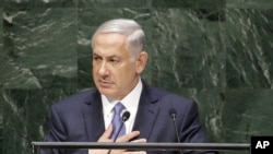 نخست وزیر اسرائیل هنگام سخنرانی در شصت و نهمین نشست مجمع عمومی سازمان ملل - نیویورک، هفتم مهر