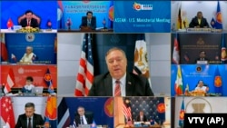 Pertemuan para menteri luar negeri ASEAN dan Menteri Luar Negeri AS Mike Pompeo yang dilakukan secara daring, 10 Sptember 2020. (Foto: AP)