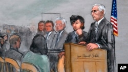 In this courtroom sketch, Boston Marathon bombing suspect Dzhokhar Tsarnaev, second from right, is depicted with his lawyers, left, beside U.S. District Judge George O'Toole Jr., right, as O'Toole addresses a pool of potential jurors in a jury assembly ro
