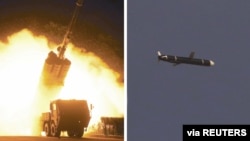 The Academy of National Defense Science conducts long-range cruise missile tests in North Korea, as pictured in this combination of undated photos supplied by North Korea's Korean Central News Agency (KCNA) on Sept. 13, 2021. 