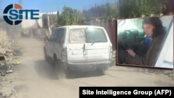 A frame from a propaganda video by the Islamic State group shows a white car alongside an inset image of a young man who appears to be Melbourne teen Jake Bilardi sitting in a driver's seat at an undisclosed location, allegedly before he attacked an Iraqi