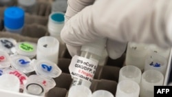 FILE - A researcher checks a vial at Novavax labs in Gaithersburg, Md., March 20, 2020, one of the labs developing coronavirus vaccines.
