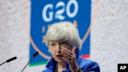 美國財政部長耶倫7月11日在意大利舉行的20國財長和央行行長會議期間在記者會上講話。