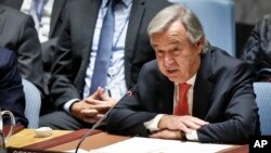 Sekretaris Jenderal PBB Antonio Guterres berbicara dalam sidang Dewan Keamanan PBB membahas krisis Rohingya di Markas Besar PBB, Kamis 27 September 2017.