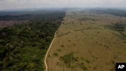 FILE - This Sept. 15, 2009 file photo shows a deforested area near Novo Progresso in Brazil's northern state of Para. Brazil's government says destruction of its Amazon rainforest has jumped by 28 percent. The sharp jump in deforestation came in the August 2012 through July 2013 period, the time when Brazil measures the annual destruction of the forest. (AP Photo/Andre Penner, File)