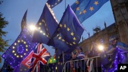 Pengunjuk rasa pro-Uni Eropa melambaikan bendera-bendera di seberang parlemen, di London, Inggris, 9 September 2019. 