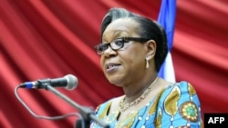 Transitional president of the Central African Republic, Catherine Samba Panza, gives a speech in Bangui before members of the Conseil National de Transition (CNT), the transitional parliament marking her 100 days leading the country, May 6, 2014. 