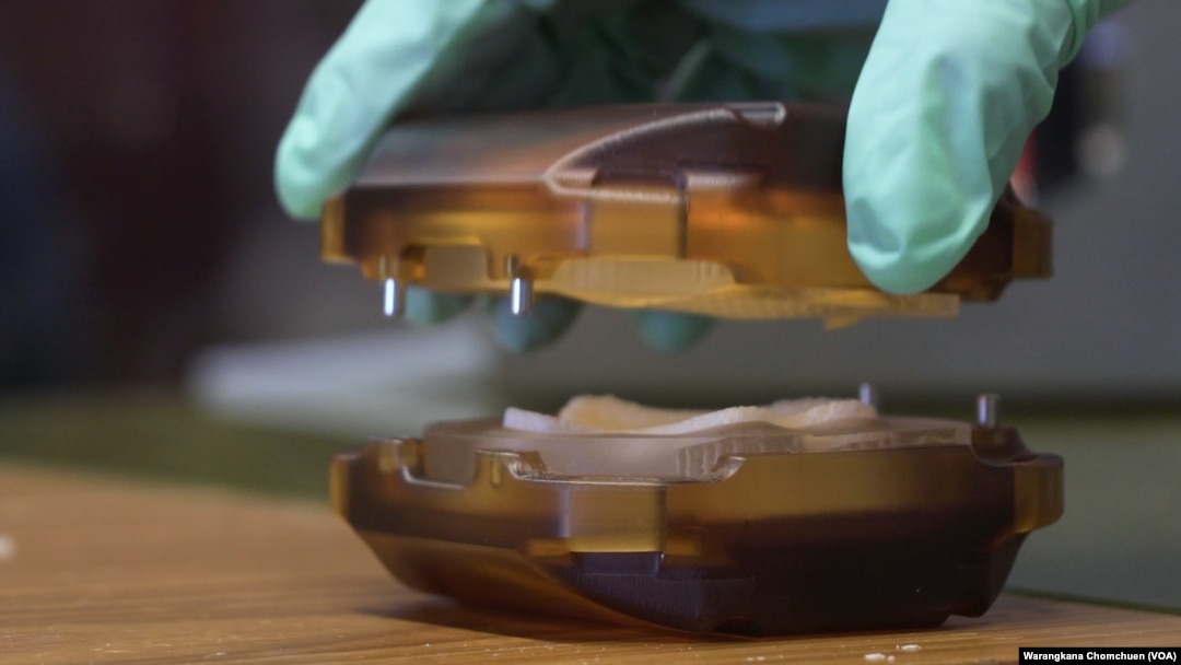 A sample of bioreactor, used to grow living bone inside at lab, at NY-based startup EpiBone