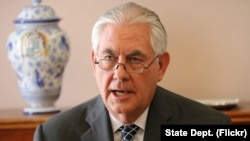 U.S. Secretary of State Rex Tillerson addresses reporters during the G-7 foreign ministers meeting at the Palazzo Ducale in Lucca, Italy on April, 11, 2017. 