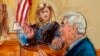 FILE - This courtroom sketch shows Roger Stone talking from the witness stand as Judge Amy Berman Jackson listens during a court hearing at the U.S. District Courthouse in Washington, Feb. 21, 2019.