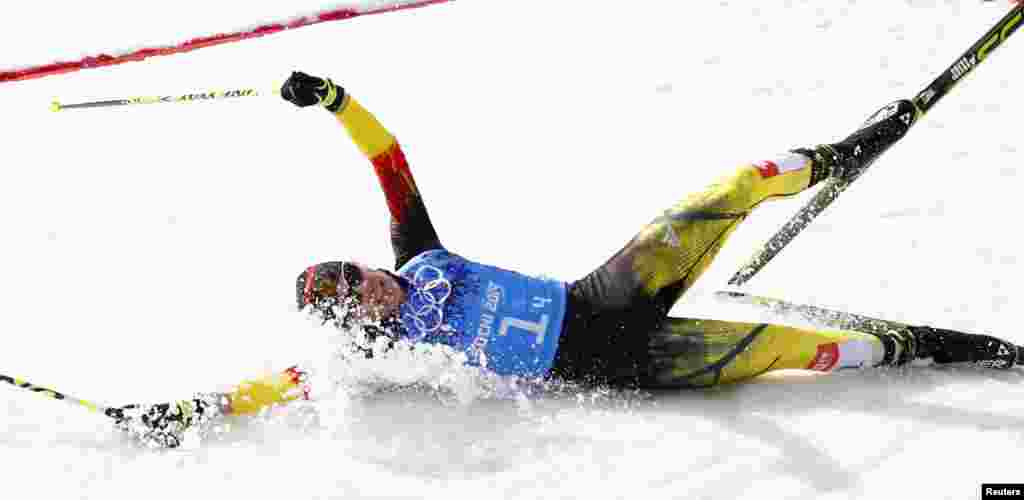 Germany's Fabian Riessle reacts after crossing the finish line in the men's relay 4x5km cross-country race of the Nordic Combined Team Gundersen, RusSki Gorki Ski Jumping Center in Rosa Khutor, Feb. 20, 2014.