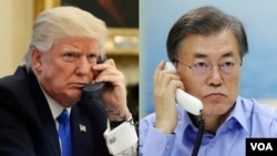 도널드 트럼프 미국 대통령(왼쪽)과 문재인 한국 대통령이 7일(한국 시각) 전화 통화를 갖고 북한의 비핵화 진전 방안을 협의했다. (AP, 연합뉴스 자료사진)