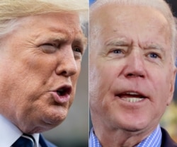 FILE - This combination of file photos shows President Donald Trump, left, speaking to the media in Washington on March 3, 2020, and Democratic presidential hopeful and former Vice President Joe Biden at a Nevada Caucus watch party on Feb. 22, 2020.