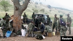 Des soldtas congolais prennent une pose lors de leur offensive contre les rebelles hutu rwandais des Forces Démocratiques pour la Libération du Rwanda (FDLR) dans le village de Kirumba, territoire de Rutshuru, le 27 février 2015.
