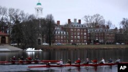 FILE - Rowers pass the campus of Harvard University as they move down the Charles River in Cambridge, Mass., March 7, 2017.