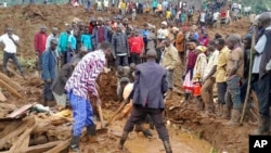 Waokoaji na wananchi wakiendelea kufukua miili iliyokwama kufuatia maporomoko ya ardhi mashariki mwa Uganda. Nov. 28. 2024.