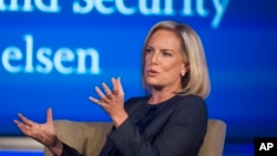 FILE - U.S. Secretary of Homeland Security Kirstjen Nielsen speaks to George Washington University's Center for Cyber and Homeland Security, in Washington, Sept. 5, 2018.